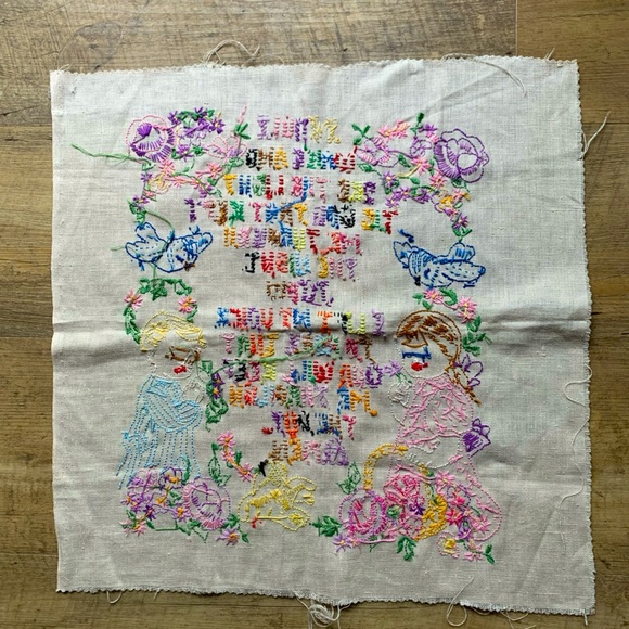 Vintage Childs Prayer Sampler Linen Birds Flowers Boy Girl Baby Nursery - Picture 6 of 6